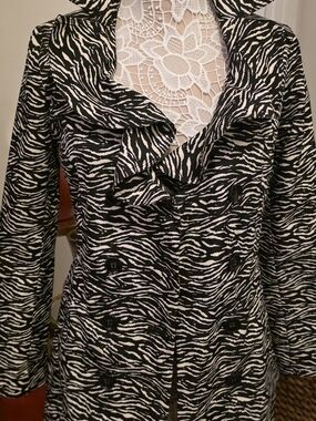 Sandro Black and White Zebra-Print Double-Breasted Pea Coat